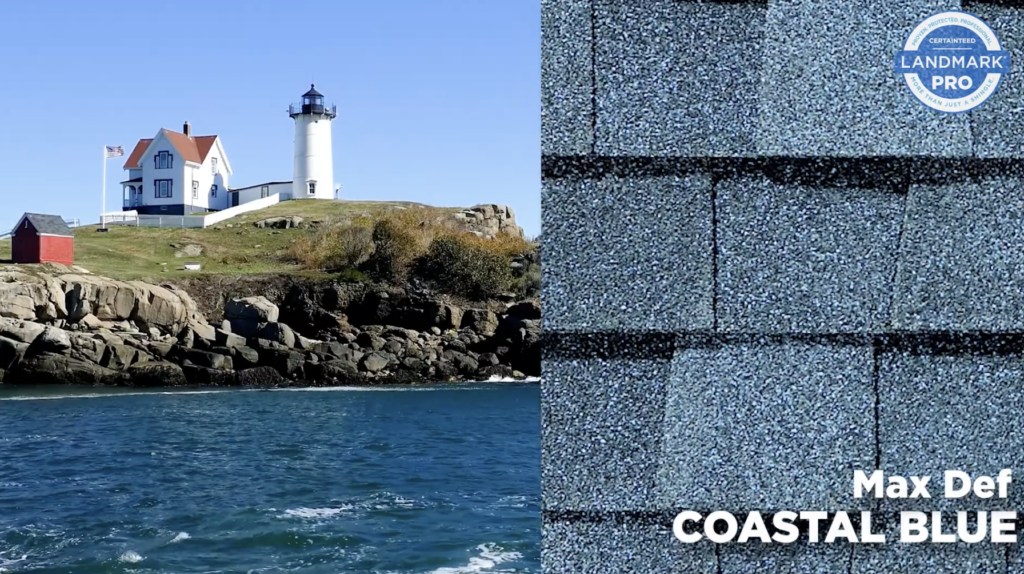 CertainTeed offers the Landmark PRO Max Def Coastal Blue shingles, featuring a deep, serene blue hue reminiscent of coastal environments. 